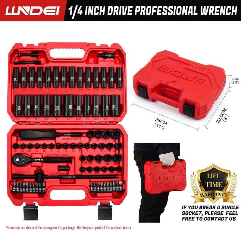 LLNDEI 1/4 inch Drive Impact Socket Set 83 Piece Standard SAE(5/32-9/16 inch) Metric Size(4-15mm) 72T Ratchet Wrench Handle CR-V Mechanics Tool Set with Adapter Screwdriver Bits for Automotive Repair - Image 4